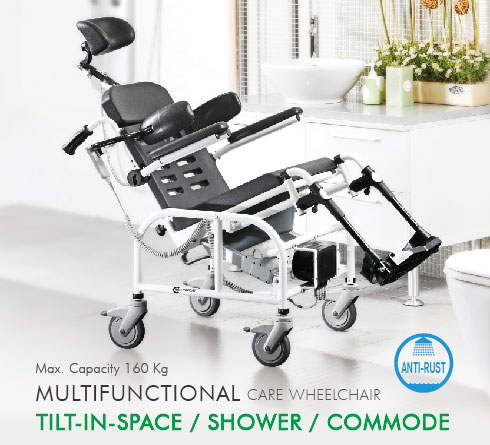 Multifunctional care wheelchair tilt-in-space / shower / commode